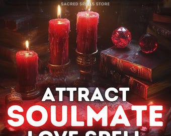 Puede incluir: Velas rojas, un cristal rojo y libros antiguos están dispuestos sobre una superficie de madera oscura. El texto "ATTRACT SOULMATE LOVE SPELL" está escrito en letras rojas en un libro. El texto "SAME DAY CAST - FAST RESULTS" está escrito en letras blancas sobre fondo negro. El texto "SACRED SPELLS STORE" está escrito en letras blancas sobre fondo negro.