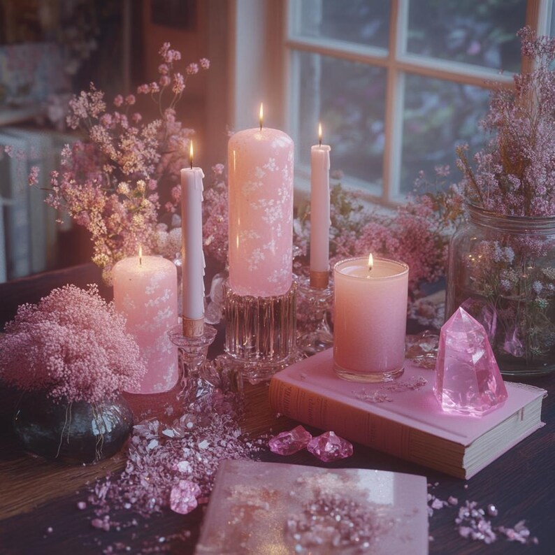 May include: Pink candles with floral designs on a table with pink flowers and crystals.