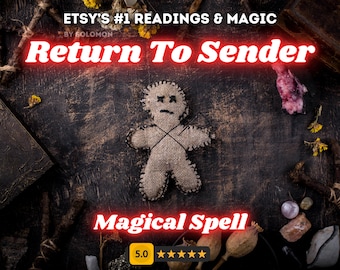 May include: A voodoo doll with a stitched-on frown and black thread is pinned to a dark wooden surface. The text "Return To Sender" and "Magical Spell" are in red letters. The image has a 5.0 star rating.