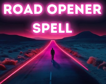 May include: A pink neon sign reads "Road Opener Spell" above a dark road with a single figure walking down the center. The road is lined with pink neon lines and the background is a dark, cloudy sky with mountains in the distance.
