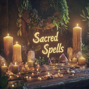 May include: A wooden table with a variety of candles, crystals, and greenery. The candles are lit and the crystals are arranged in a circle. The text "Sacred Spells" is written in a decorative font on the table.