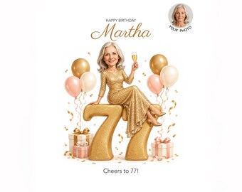 77th Birthday Caricature for Her — Personalized Cartoon Portrait, Digital Download, Printable Gift
