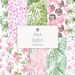 Roze safari digitale papieren, roze safari naadloos patroon, roze verjaardagspapieren babymeisje voor uitnodiging, roze safari-achtergrond, kinderkamer