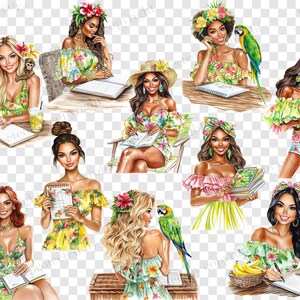 May include: Watercolour illustrations of women in tropical attire, adorned with flowers and accessories. Each figure is depicted in a relaxed setting, some with parrots, coconuts, and notebooks, evoking a vacation theme.