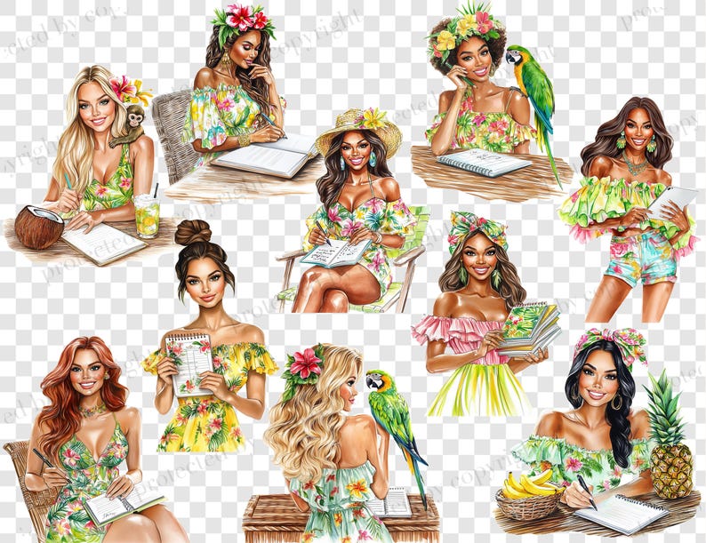 May include: Watercolour illustrations of women in tropical attire, adorned with flowers and accessories. Each figure is depicted in a relaxed setting, some with parrots, coconuts, and notebooks, evoking a vacation theme.