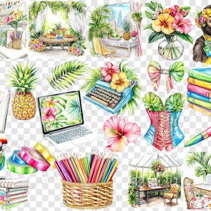 May include: A selection of watercolour illustrations with tropical motifs. Includes a pineapple, parrot, monkey, flowers, books, a laptop, a typewriter, a corset, pencils, and decorative tape rolls. The colour scheme is vibrant with greens, pinks, and yellows.