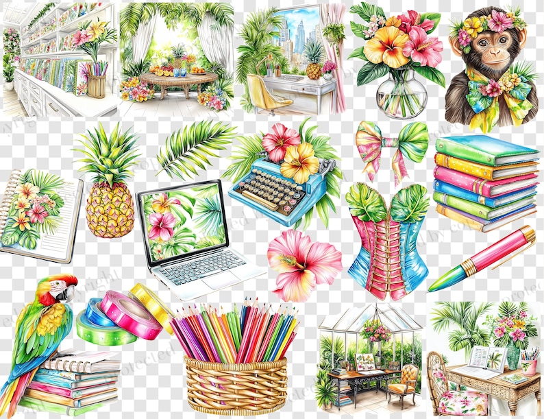 May include: A selection of watercolour illustrations with tropical motifs. Includes a pineapple, parrot, monkey, flowers, books, a laptop, a typewriter, a corset, pencils, and decorative tape rolls. The colour scheme is vibrant with greens, pinks, and yellows.