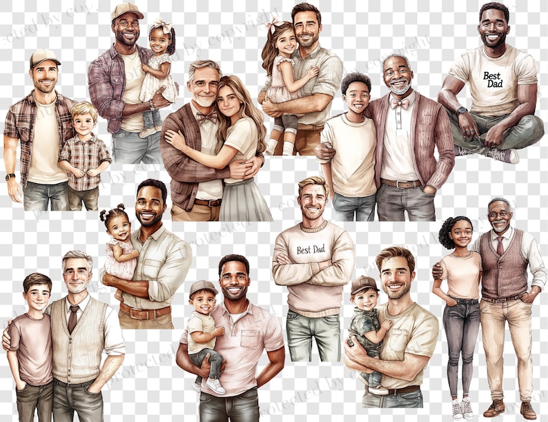 May include: Watercolor illustrations of fathers and children in various poses. The images depict fathers with their children, including sons, daughters, and babies. Some fathers are wearing shirts that say "Best Dad."