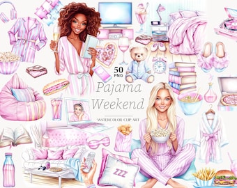 Peut inclure: Illustration à l'aquarelle sur le thème rose et blanc, représentant une femme en pyjama rayé, un ordinateur portable, du pop-corn, un lit et le texte "Pajama Weekend".