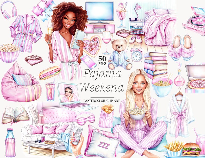 Pajama Party Clipart Set: Cozy Sleepover Girls Illustrations (digital ...