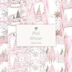 May include: A collection of ten seamless patterns with a winter theme. The designs feature pink and white backgrounds with illustrations of snowflakes, trees, buildings, and stars. The text "Pink Winter" is displayed on a white rectangle.
