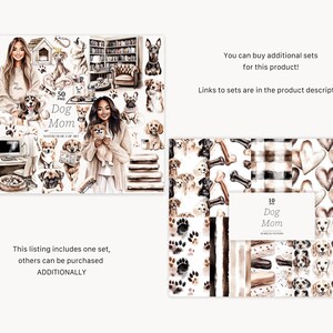 May include: Watercolor clip art set featuring illustrations of various dog breeds, dog-themed accessories, and the text "Dog Mom." The set includes images of women with dogs and additional text.