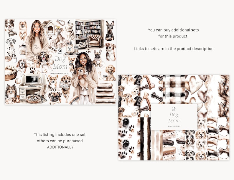 May include: Watercolor clip art set featuring illustrations of various dog breeds, dog-themed accessories, and the text "Dog Mom." The set includes images of women with dogs and additional text.