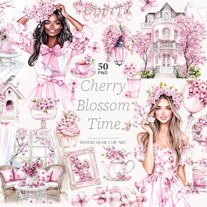 May include: A watercolour clip art collection with a 'Cherry Blossom Time' theme. It includes illustrations of women, a house, and floral arrangements. The artwork features pink flowers, teacups, a cupcake, and a birdhouse, all in a soft, feminine style.