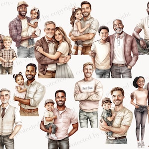 May include: Watercolor illustrations of fathers with children and other family members. Some images include the text "Best Dad" on a shirt. The illustrations feature a variety of skin tones and ages, depicting family relationships.
