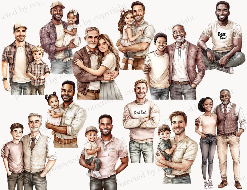 May include: Watercolor illustrations of fathers with children and other family members. Some images include the text "Best Dad" on a shirt. The illustrations feature a variety of skin tones and ages, depicting family relationships.