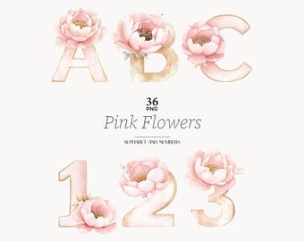 Pink Flowers alphabet and numbers pink gold alphabet pink birthday baby girl alphabet for invitation Dusty Pink Flowers png Digital Download