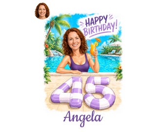 45th Birthday Caricature for Her, Custom Cartoon Portrait, Personalized Digital Gift, Funny Milestone Present