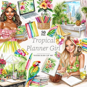 Planner meisje illustraties zomer planner clipart tropische planner clip art kleurrijke zomer clipart planner meisje clipart kleurrijke zomer graphics