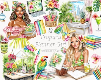Planner girl clip art Summer planner clipart Tropical planner clip art colorful summer clipart Planner Girl Clipart Colorful Summer Graphics
