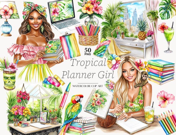 Summer Planner Clipart: Tropical Planner Girl Graphics (50 PNGs, Digital Download