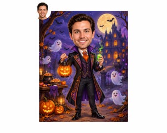 Personalized Halloween Caricature for Man, Custom Cartoon Portrait from Photo, Printable Digital Gift