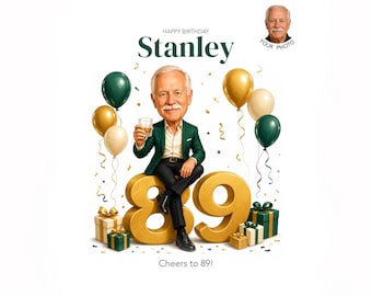 Personalized 89th Birthday Caricature for Him — Custom Cartoon Portrait, Digital Download