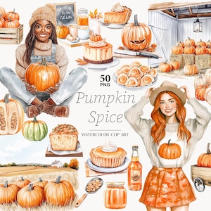Op de afbeelding: Watercolor clip art met een pompoen kruiden thema. De illustraties bevatten pompoenen, gebak en mensen. De tekst "Pumpkin Spice" is zichtbaar. Het kleurenschema is herfstachtig, met tinten van oranje, bruin en crème.