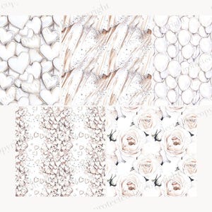 May include: A digital paper pack with four different patterns featuring white hearts, white roses, and white balloons on a white background.