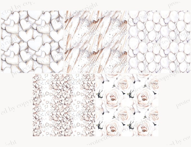 May include: A digital paper pack with four different patterns featuring white hearts, white roses, and white balloons on a white background.