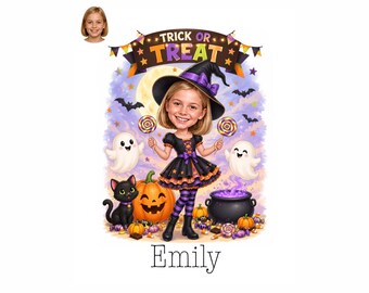 Personalized Halloween Caricature for a Girl, Custom Cartoon Portrait from Photo, Printable Digital Gift