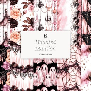 Op de afbeelding: Een digitale kunstcollage met diverse naadloze patronen met een gotisch thema. De patronen omvatten rozen, kroonluchters, spinnenwebben, geesten en decoratieve elementen in roze, zwart en wit. De tekst "Haunted Mansion" is zichtbaar.