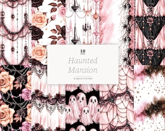 Gruseliges Halloween Digital Papier: Gothic Haunted Mansion Muster (JPEG Dateien zum Downloaden)