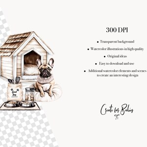 May include: Watercolor illustration featuring a French bulldog wearing a pink sweater, sitting on a round pillow. A dog house, food bowls, and a bag of dog food are also depicted. The text "Good Dog" is on the bag.