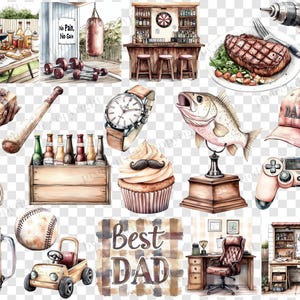 May include: Watercolor illustrations of items associated with Father's Day. Includes a baseball bat, watch, cupcake with a mustache, a "Best Dad" medal, a beer mug, a baseball, and a toy car.