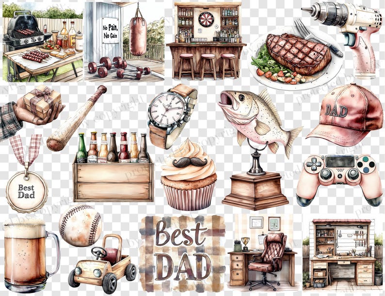 May include: Watercolor illustrations of items associated with Father's Day. Includes a baseball bat, watch, cupcake with a mustache, a "Best Dad" medal, a beer mug, a baseball, and a toy car.