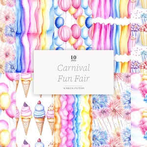 May include: A collection of watercolor illustrations with a carnival theme. The designs include balloons, fireworks, ice cream cones, popcorn, and colorful abstract patterns. The text "Carnival Fun Fair" is displayed on a white background.