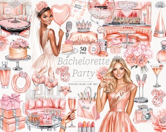 May include: Watercolor clip art set featuring illustrations of a bachelorette party. The image includes a bride, a cake, a disco ball, a casino table, champagne, and other party-themed elements in shades of pink and peach.