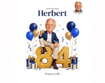 Custom 84th Birthday Caricature for Him — Personalized Cartoon Portrait, Digital Keepsake