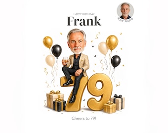 79th Birthday Caricature for Him — Personalized Cartoon Portrait, Printable Digital Download