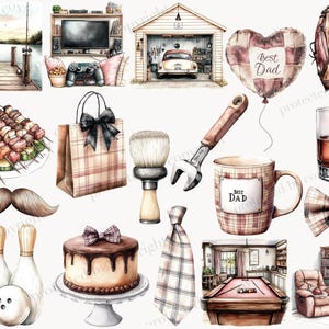 May include: Watercolor illustrations of Father's Day themed items. Includes a baseball glove, a heart-shaped balloon with "Best Dad" text, a mug with "Best Dad" text, a bow tie, a tie, a cake, and a gift bag.
