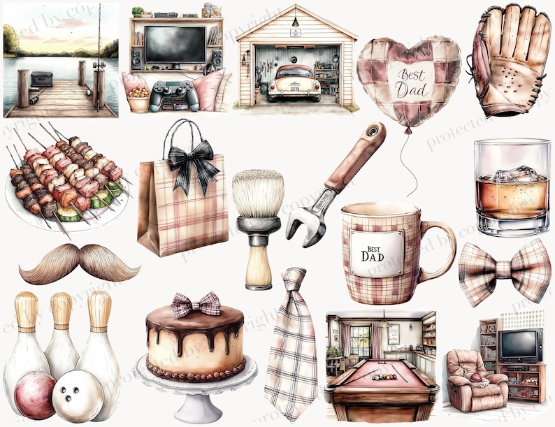 May include: Watercolor illustrations of Father's Day themed items. Includes a baseball glove, a heart-shaped balloon with "Best Dad" text, a mug with "Best Dad" text, a bow tie, a tie, a cake, and a gift bag.