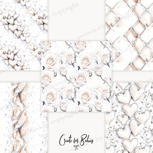 May include: A set of six digital paper patterns featuring delicate watercolor designs. The patterns include hearts, roses, and geometric shapes in shades of white and gold.