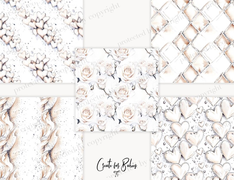 May include: A set of six digital paper patterns featuring delicate watercolor designs. The patterns include hearts, roses, and geometric shapes in shades of white and gold.