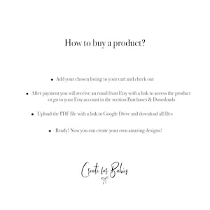 Op de afbeelding: Een tekstafbeelding die uitlegt hoe je een product op Etsy kunt kopen. De stappen omvatten het toevoegen van het product aan je winkelwagen, afrekenen en het downloaden van het digitale bestand na betaling. De afbeelding bevat ook de tekst "Create for Babies".