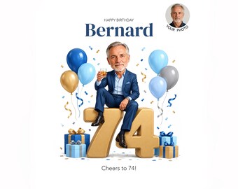 Custom 74th Birthday Caricature for Him — Personalized Cartoon Portrait, Digital Download
