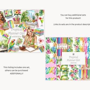 May include: A watercolour clip art set with tropical planner girl illustrations. The image includes a woman with a laptop, a parrot, and tropical elements. The text reads "Tropical Planner Girl" and "50 PNG". Additional sets are available.