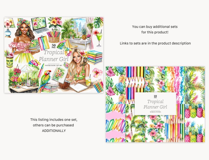 May include: A watercolour clip art set with tropical planner girl illustrations. The image includes a woman with a laptop, a parrot, and tropical elements. The text reads "Tropical Planner Girl" and "50 PNG". Additional sets are available.
