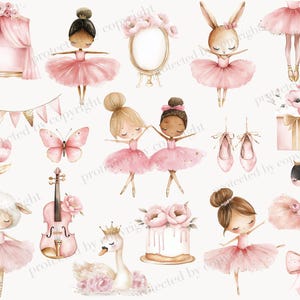 Op de afbeelding: Een set digitale illustraties met ballerina meisjes, een zwaan, een konijn, een viool, een taart, een vlinder, een spiegel, een kroon, een vogel, een cadeaudoos en een banner. De illustraties zijn in aquarelstijl en tonen de kleuren roze, wit en goud.