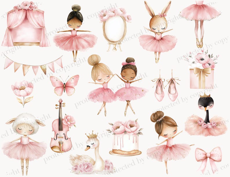 Op de afbeelding: Een set digitale illustraties met ballerina meisjes, een zwaan, een konijn, een viool, een taart, een vlinder, een spiegel, een kroon, een vogel, een cadeaudoos en een banner. De illustraties zijn in aquarelstijl en tonen de kleuren roze, wit en goud.